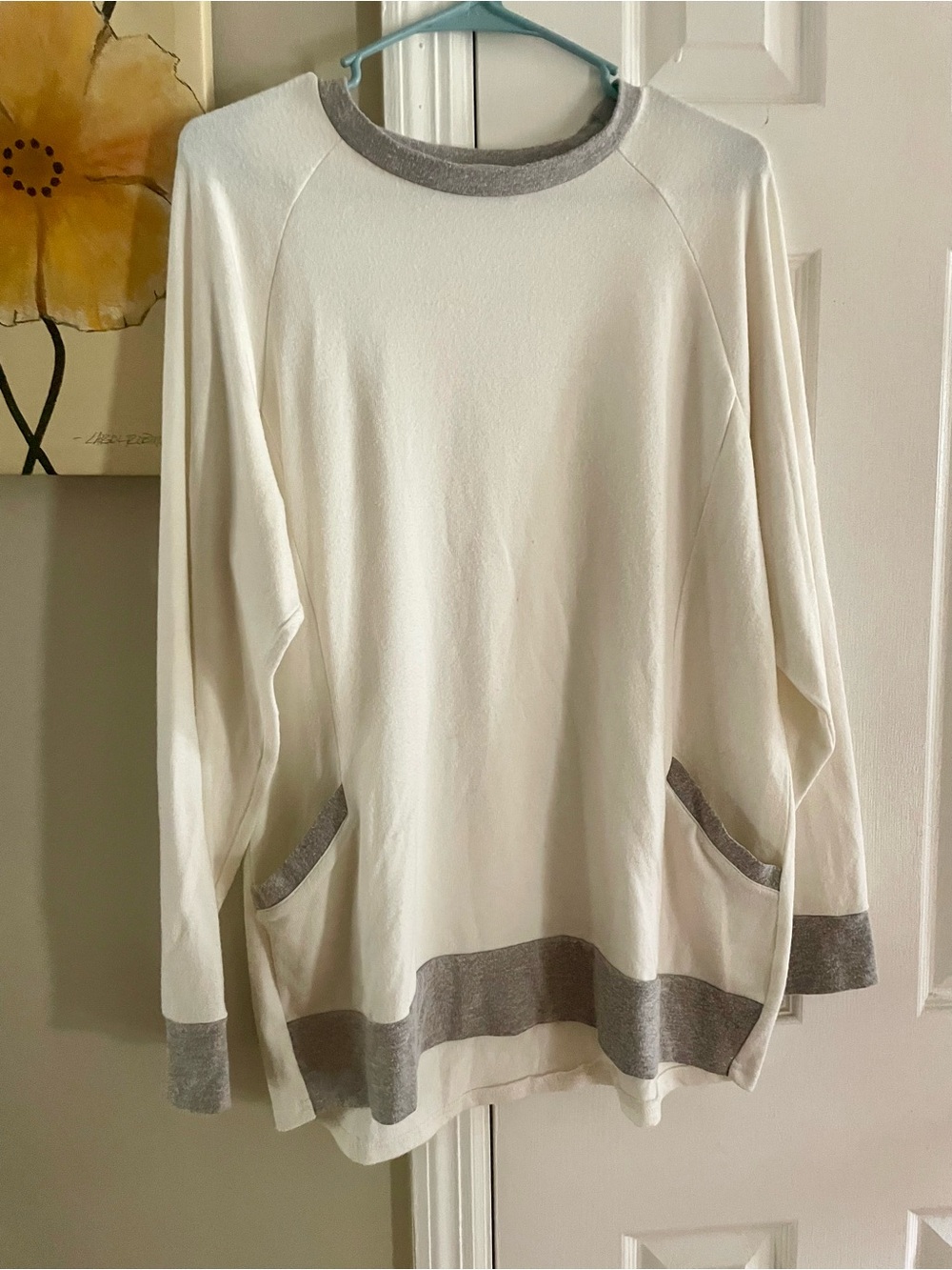 Cream Crewneck Sweater with Contrast Gray Trim